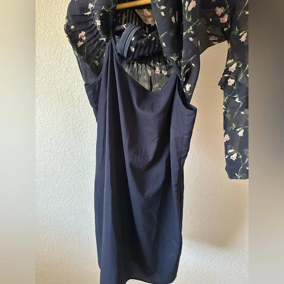 Club Monaco Silk Catira Floral Pleated Mini Dress Navy Size 0 - Picture 4 of 5